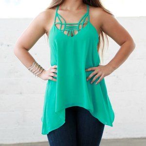 Cutout High Low Flowy Teal Tank Top